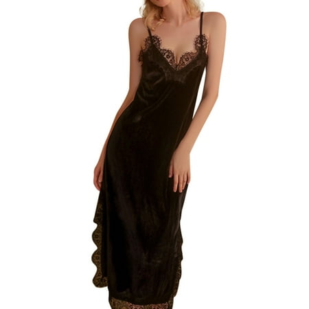 

zuwimk Womens Nightgown Satin Nightshirts Silk Nightdress Spaghetti Strap Short Negligee Chemise Slip with Deep V Neck Black M