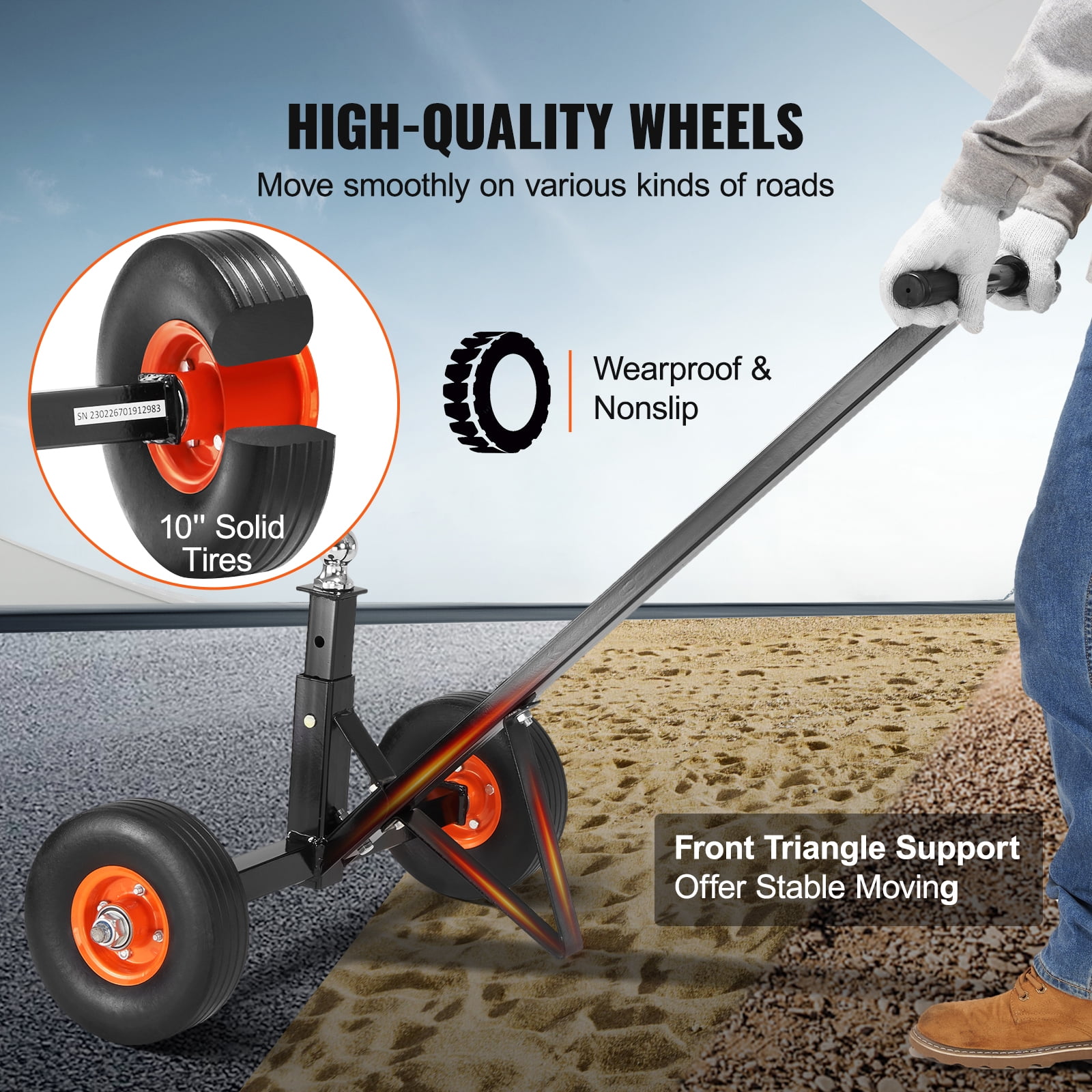 VEVOR Adjustable Trailer Dolly, 600lbs Tongue Weight Capacity, Carbon Steel Trailer Mover with 16''-24'' Adjustable Height, 1-7/8'' Hitch Ball & 10'' Solid Tires