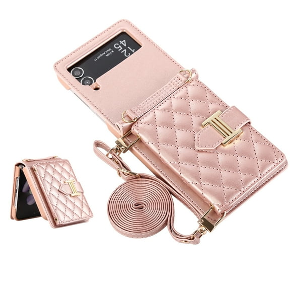 ELEHOLD Wallet Crossbody for Samsung Galaxy Z Flip 4 Case with Lanyard Wrist Strap Credit Card Holder, PU Leather Protective Phone Case with Ring Holder,Rosegold