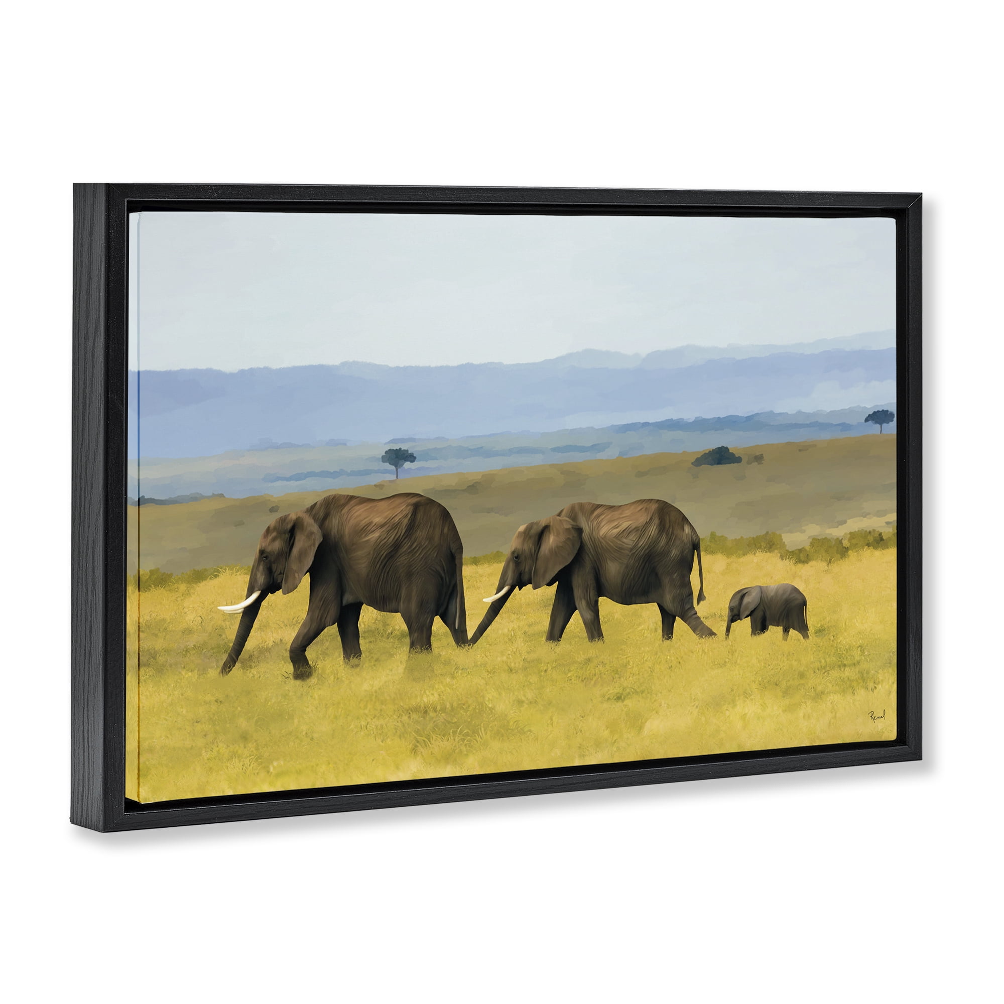 Stupell Industries Elephants In The Grassland Black Framed Floater Canvas Wall Art, design by Renel Peters