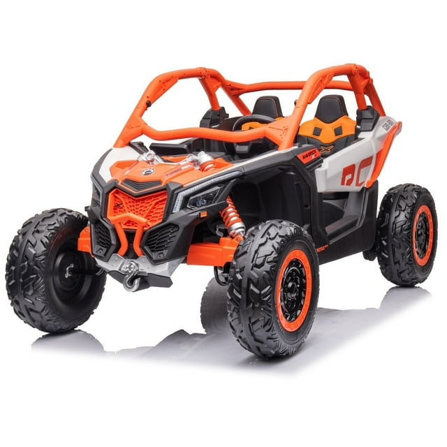Officially Licensed LX Performance Can-Am Maverick 2x24V 4WD Edition 2-Seater Pack Kids Ride on Buggy with EVA rubber wheels, leather seats, LED lights, roll cage bar, and parental remote control. Features MP3/AUX input, USB, SD card, Bluetooth, and built-in music. A powered ride-on designed for outdoor play, suitable for kids aged 3-9 years with a weight limit of 130lbs. Ideal for grass, road, and gravel terrain.