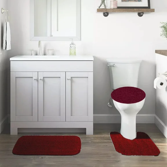 GHL Chenille 3 Piece Bath Rug Set with Contour Mat & Toilet Lid Cover, Rubber Backing