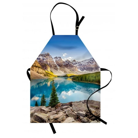 Landscape Apron Idyllic View of Moraine Lake at Sunset in Canadian Rocky Mountain Range Picture, Unisex Kitchen Bib Apron with Adjustable Neck for Cooking Baking Gardening, Multicolor, by