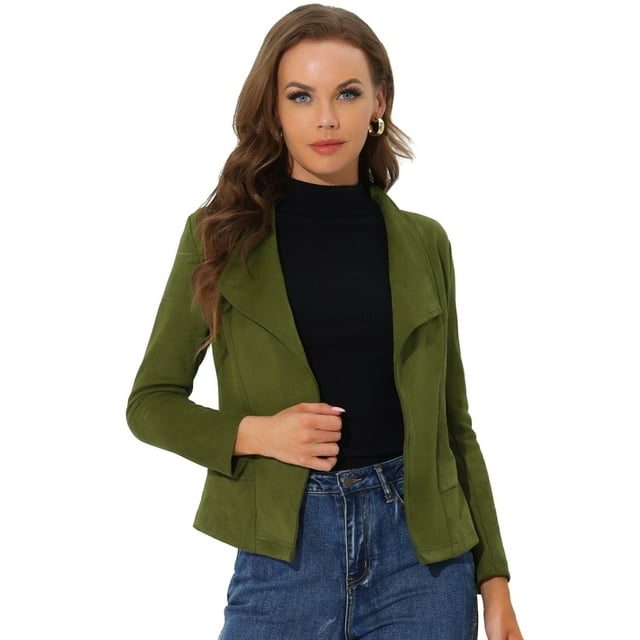 INSPIRE CHIC Veste en Faux Suède pour Femmes, Cardigan Ouvert à Revers Drapé Vert Armée G