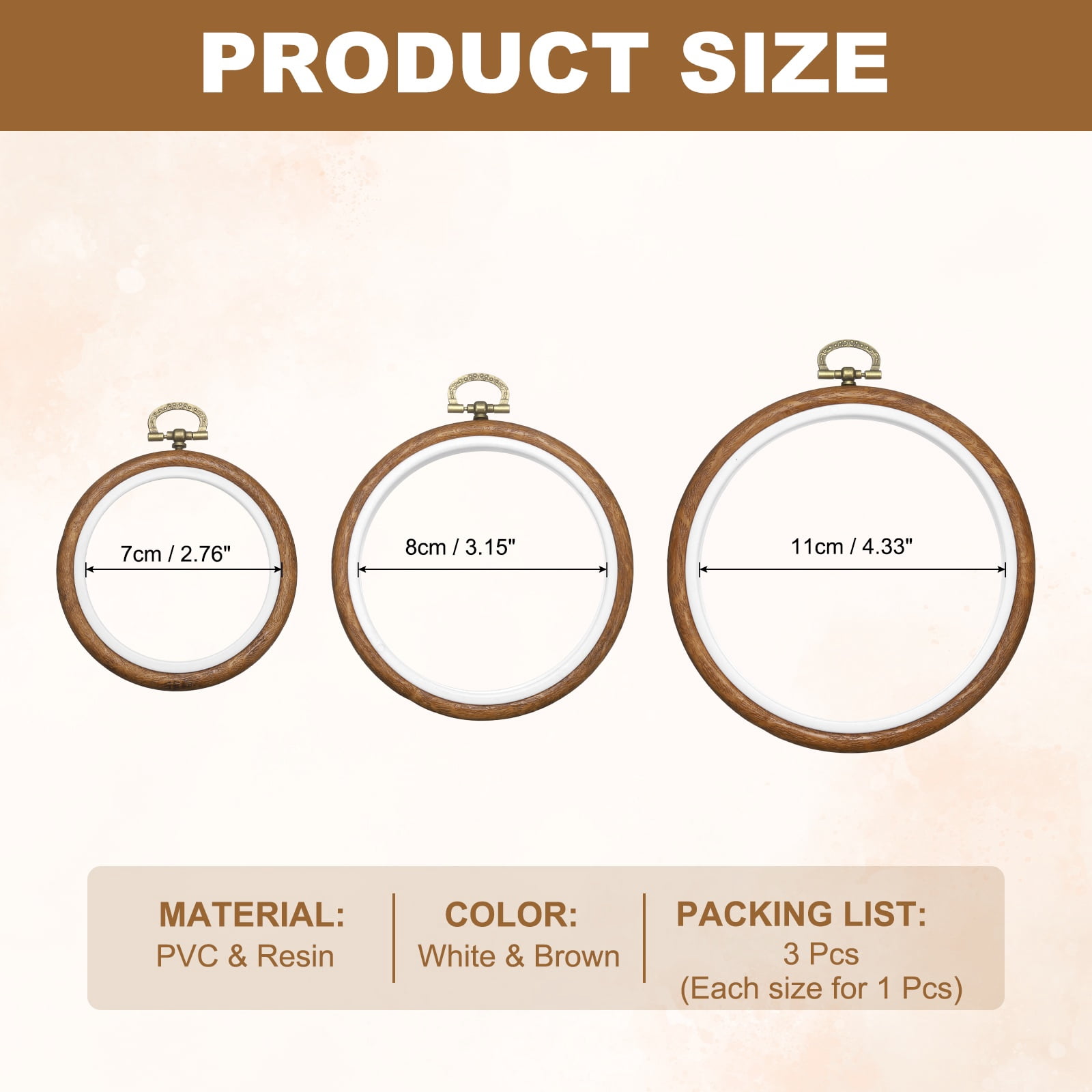 15 Pcs Embroidery Hoop Frame, Imitated Wood Round Cross Stitch Hoops with Metal Ring for Embroidery DIY Craft Sewing Wall Decor (5.12/3.94/3.15 Inch White & Brown)