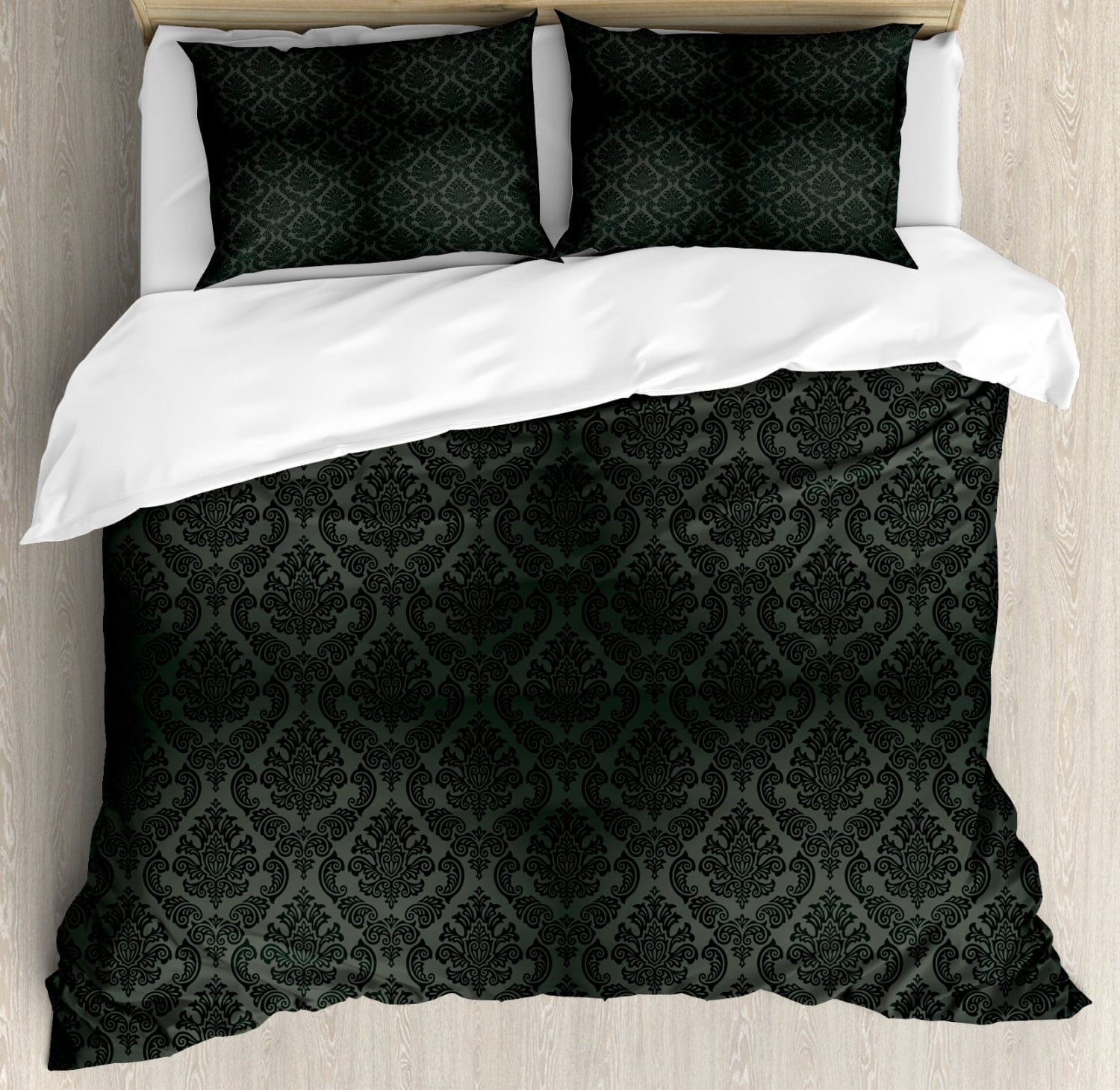 Dark Grey King Size Duvet Cover Set Ancient Damask Motifs