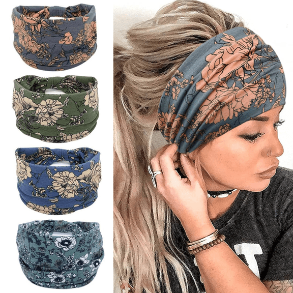 4 Pack Wide Boho Headbands for Women Fashion Knotted Headband Yoga Workout Hair Accessories African Head Wrap