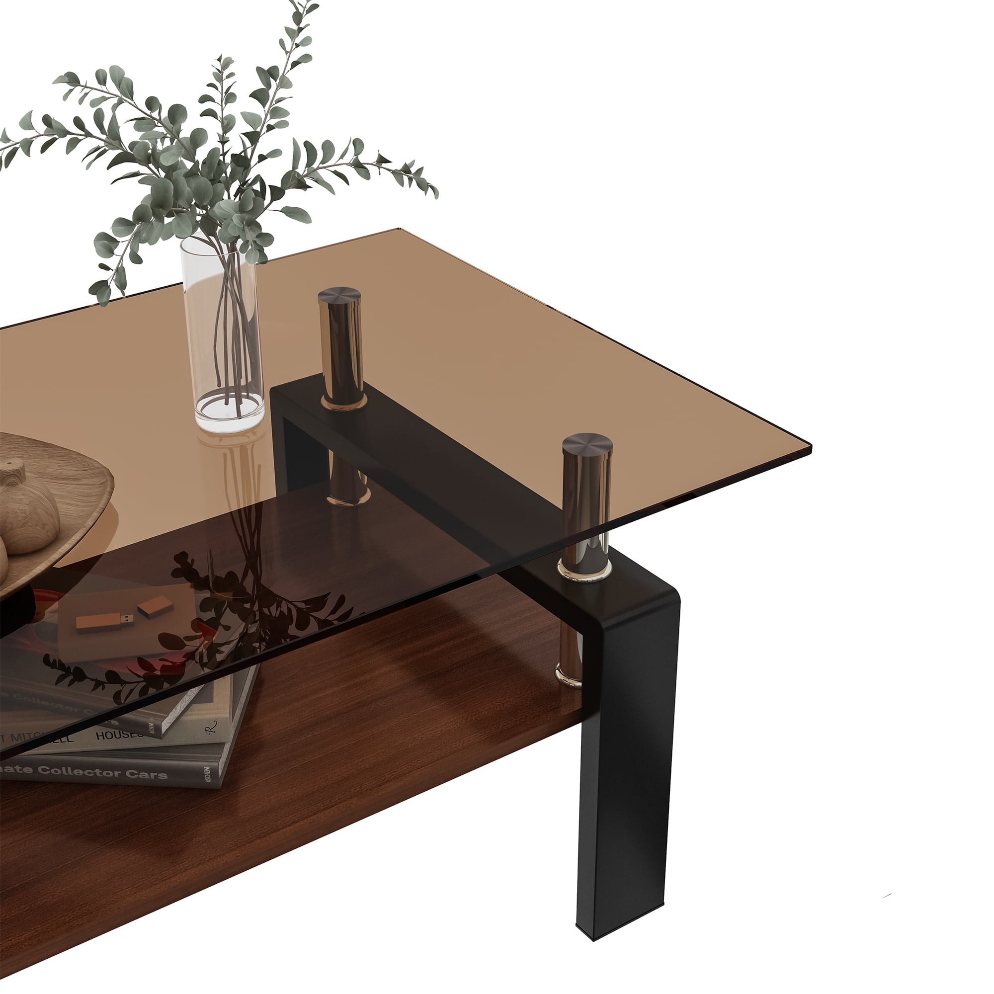 Euroco Rectangle Coffee Table, Tempered Glass Tabletop with MDF Layer, Modern Table for Living Room , Brown Glass