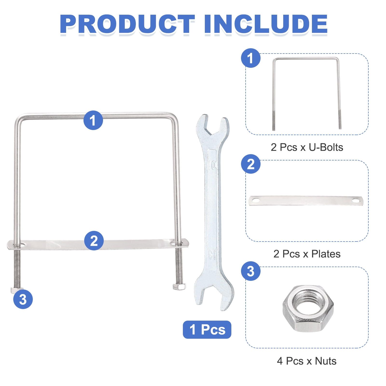 Uxcell 2 Sets M8 Square U-Bolts, 5.98" Inner Width 7.09" Length 304 Stainless Steel U Clamp Bolts with Nuts, Plates and Wrench
