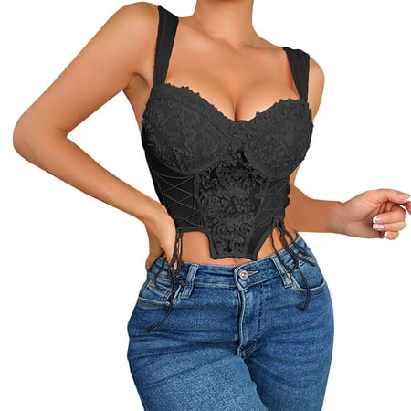 Generic Women s Floral Lace Cami Crop Top Spaghetti Strap Sheer Mesh Corset Bustier Tops Bralette