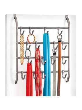 Lynk Over Door or Wall Mount Hook Rack - Belt, Hat, Jewelry, Accessory Hanger - 16 Hook Organizer Rack - Platinum
