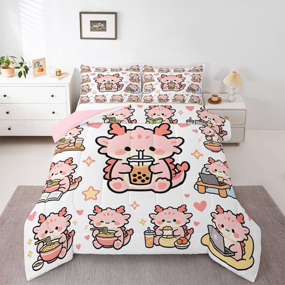 Manfei Cute Heart Print Queen Comforter Set,Kawaii Axolotl Comforter Sets Queen For Girls,Pink,Pink Reversible,3-Piece,1 Comforter and 2 Pillowcases