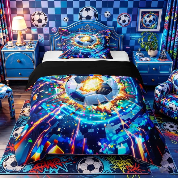 Castle Fairy Soccer Sport Twin Comforter Sets 2pcs, Futuristic Cubes Bedding Set, Blue Orange Black,Black Reversible,1 Comforter and 1 Pillowcase