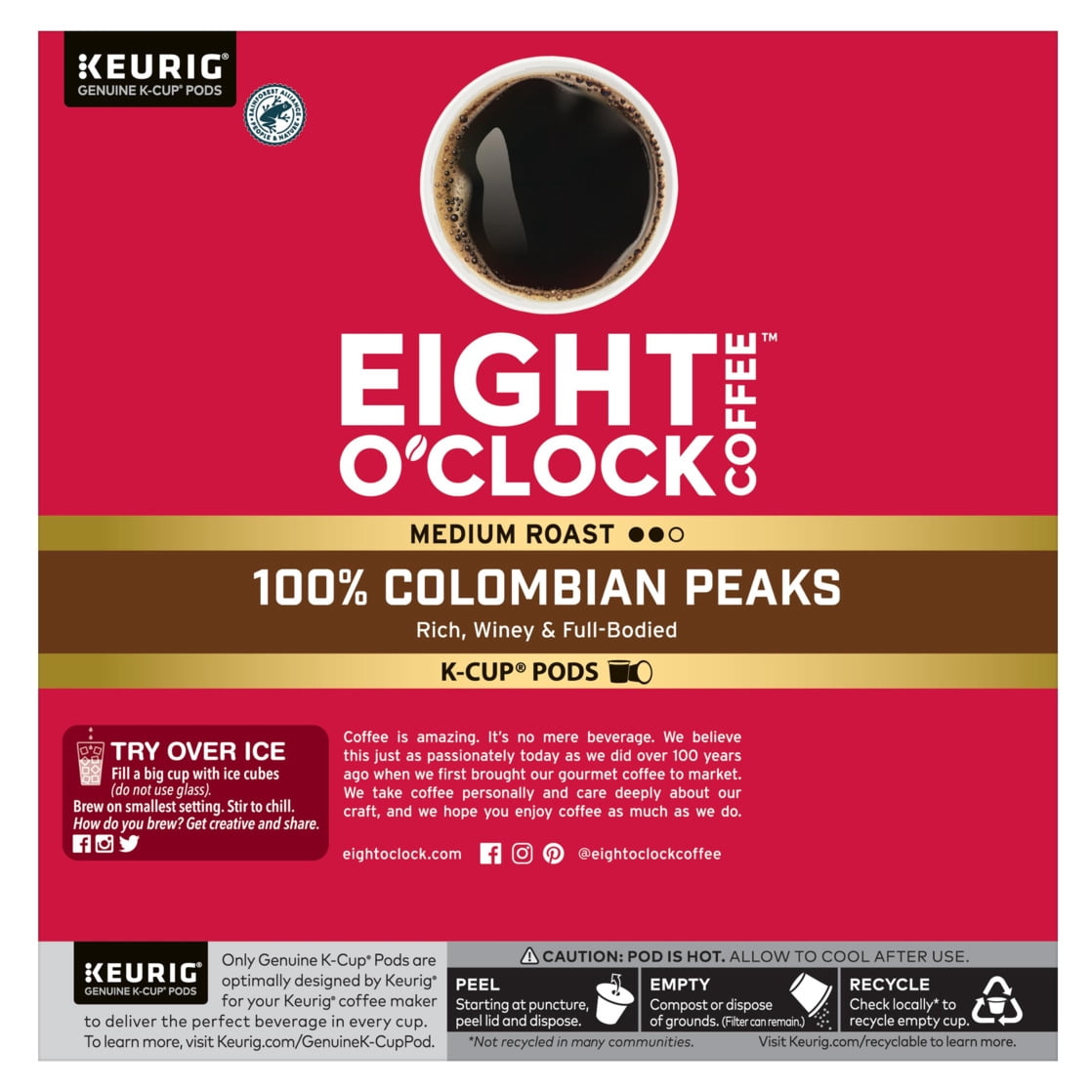 Eight O'Clock Coffee Medium Roast 100% Colombian Peaks Coffee Value Pack 32 - 0.33 oz K-Cup Pods