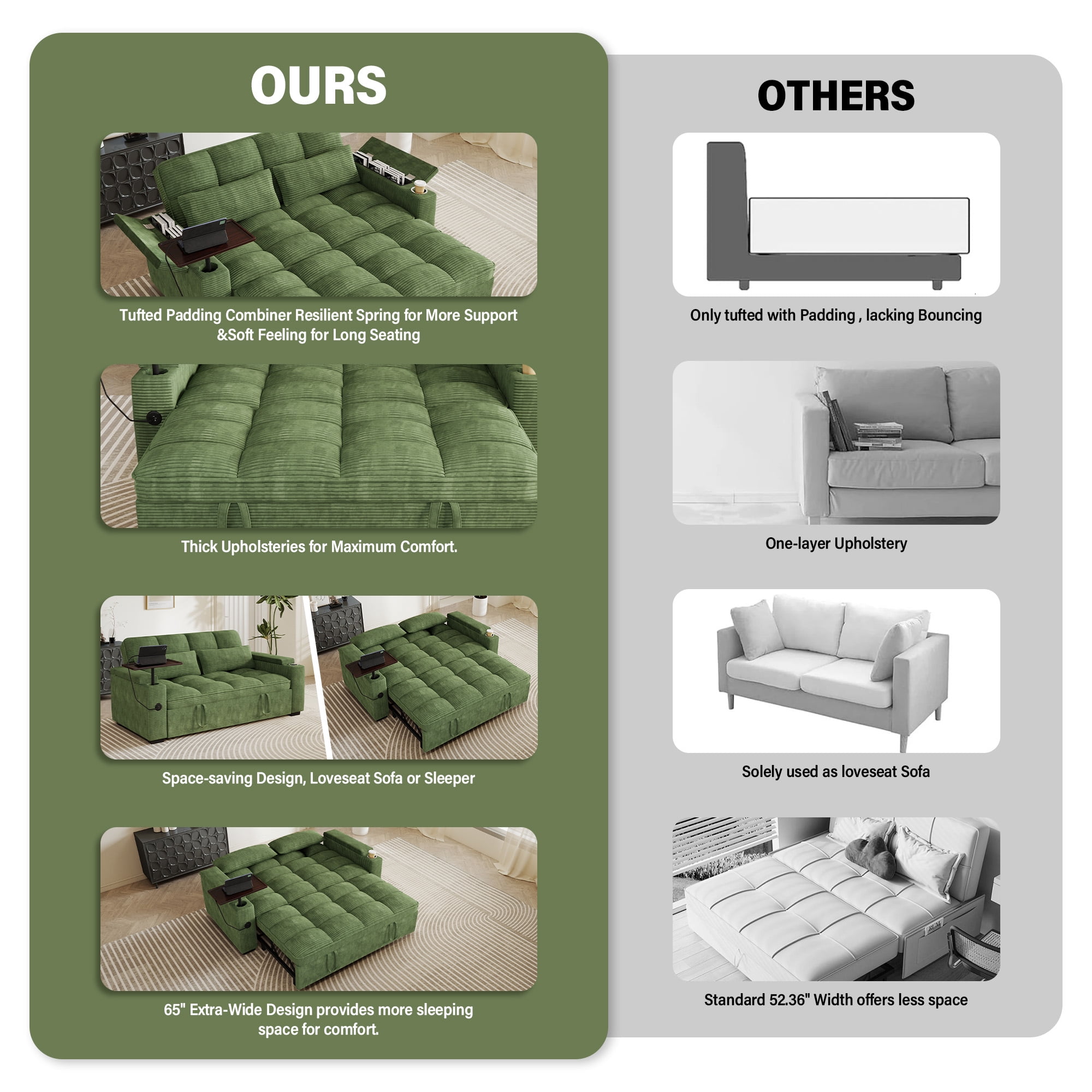 Aukfa 65"W Convertible Sofa Bed with Storage, 3-in-1 Corduroy Queen Sleeper Sofa Couch with 360° Swivel Side Table & USB /Type-C Ports,Green