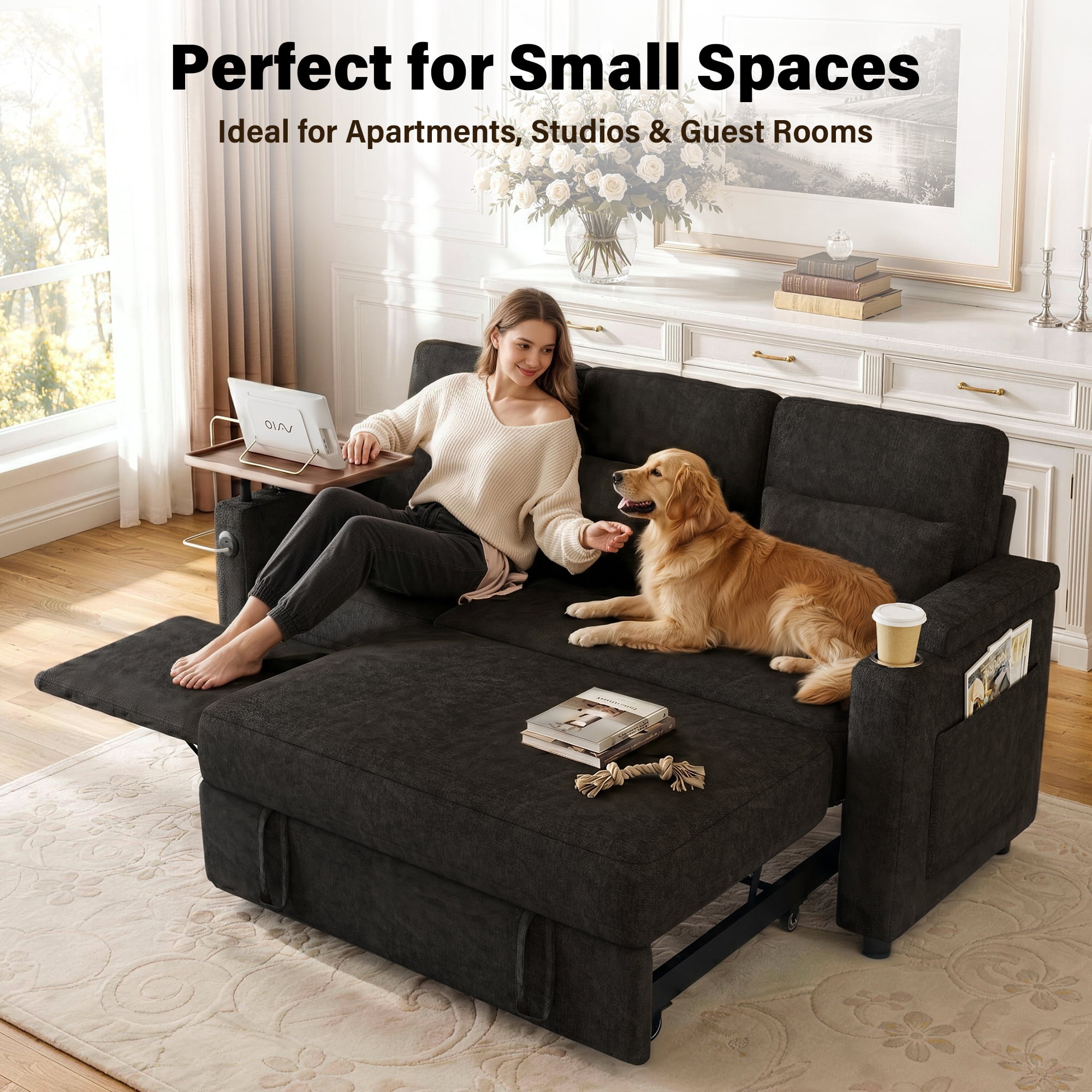 Aukfa 81" Convertible Sleeper Sofa,Chenille 3-in-1 Sofa Bed with Recliner,Center Table,USB Ports & Storage Armrests,Black