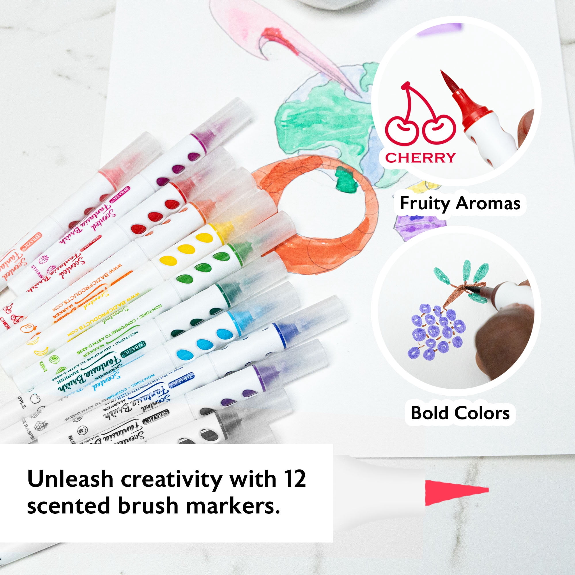 BAZIC Brush Markers 12 Classic Colors, Scented Edition, Fine Line Washable Coloring Marker (12/Pack), 72-Packs
