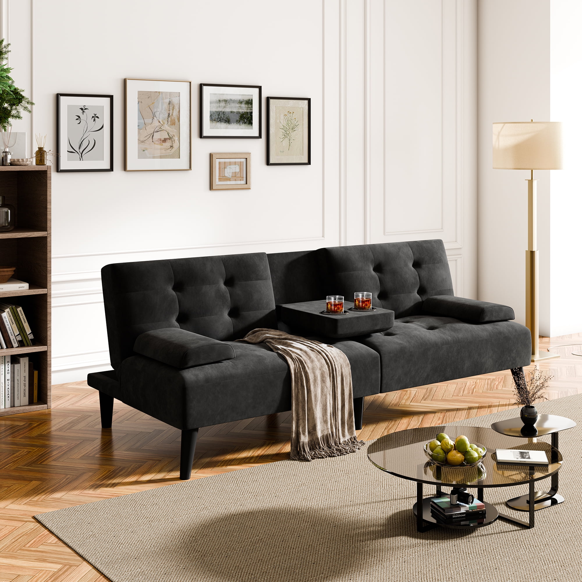 Walsunny 64" Sofa Bed Futon Couches, Folding Loveseat Recliner with 3-Angle Adjustment, Removable Arms 2 Cup Holders for Small Spaces,Black