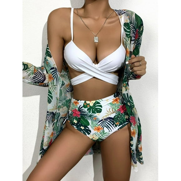 Sexy Three Pieces Bikini Set Cover Up Swimwear Women Swimsuit Print Long Sleeve Bathing Suit Beachwear Swimming,Color #6,S