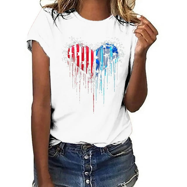 Qiopertar T-shirt à Manches Courtes Imprimé pour Femmes, Col Rond, Mode Fête de l'Indépendance, Chemise Décontractée Ample, Grandes Économies de Vacances! Liquidation à Moins de 5$ Livraison Gratuite