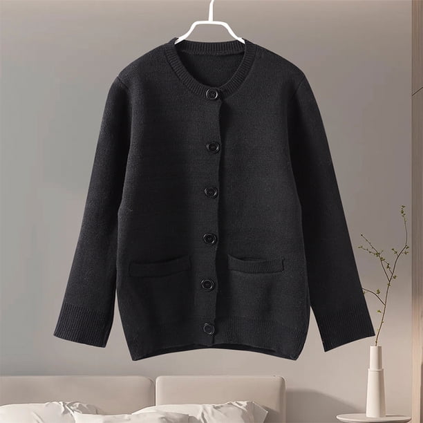 Cárdigan de punto informal para mujer, chaqueta ajustada de manga larga con cuello redondo y bolsillos, 2024