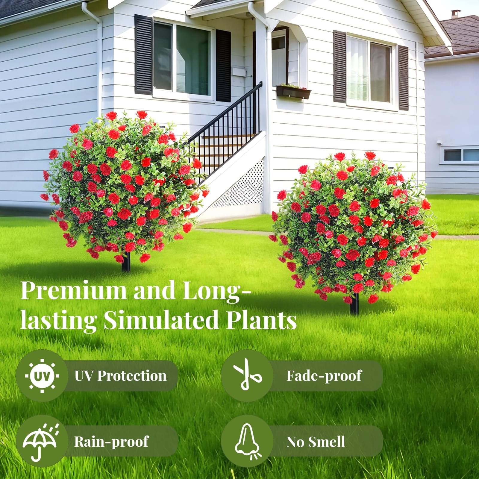 Lewondr Artificial Red Flowers Boxwood Topiary Ball Plants, 2 Pack Fake Plants for Outdoor with LED Lights, Faux Bushes with Ground Spike for Garden, Patio, Porch, Yard Decor