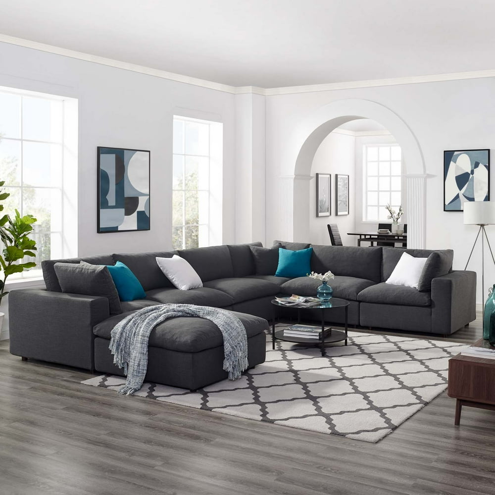 Commix Down Filled Overstuffed 7 Piece Sectional Sofa Set in Gray