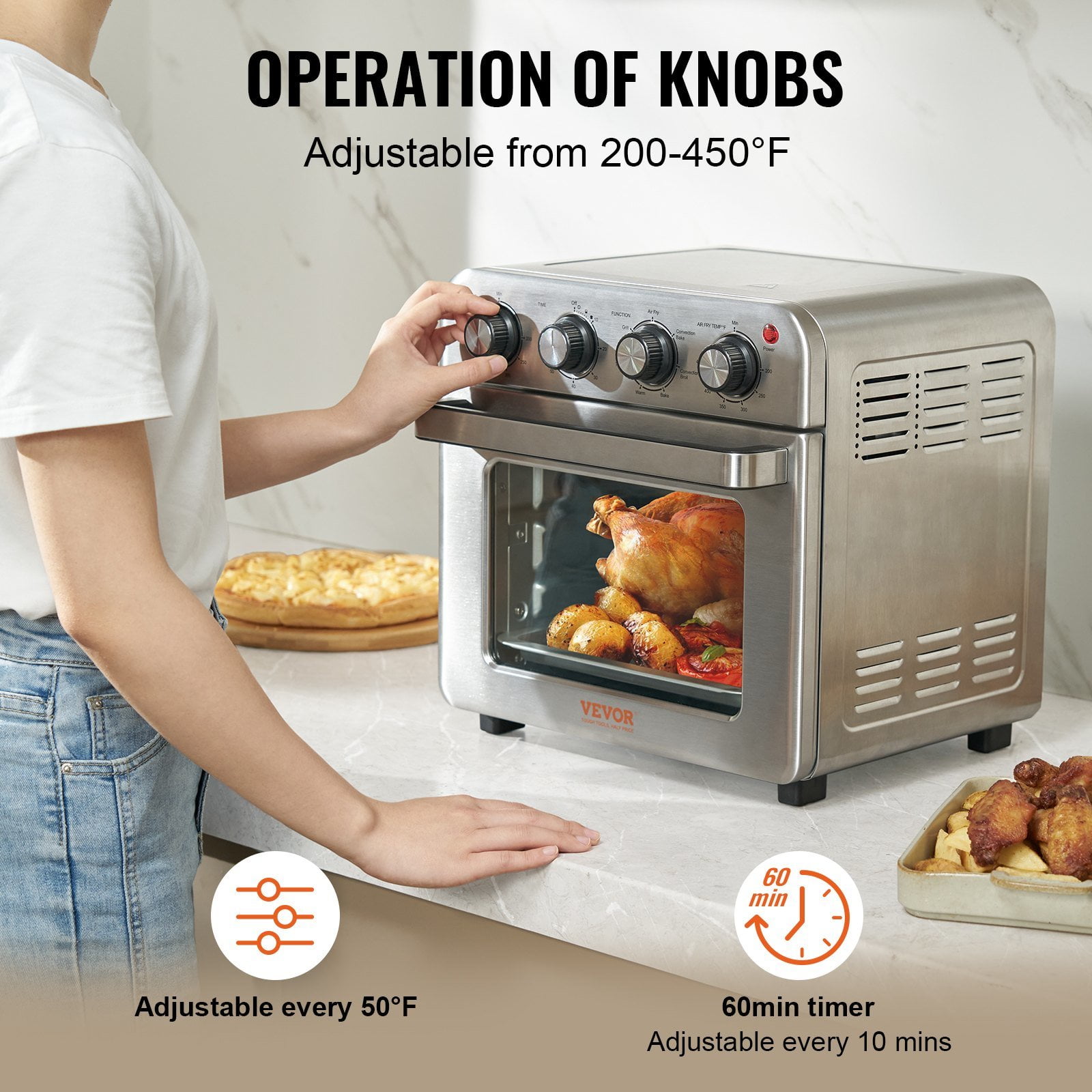 7-IN-1 Air Fryer Toaster Oven,1700W 18L Stainless Steel Convection Oven Countertop with Grill, Comes with Pizza Pan, Gloves, Makes 6-Slice Toast & 10-Inch Pizza, Ideal for Home or Commercial Kitchen