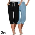thumbnail image 2 of Diufon Womens 2pc Capris Pants Elastic Waist Drawstring Pants Summer Solid Color Pants with Pockets, 2 of 7