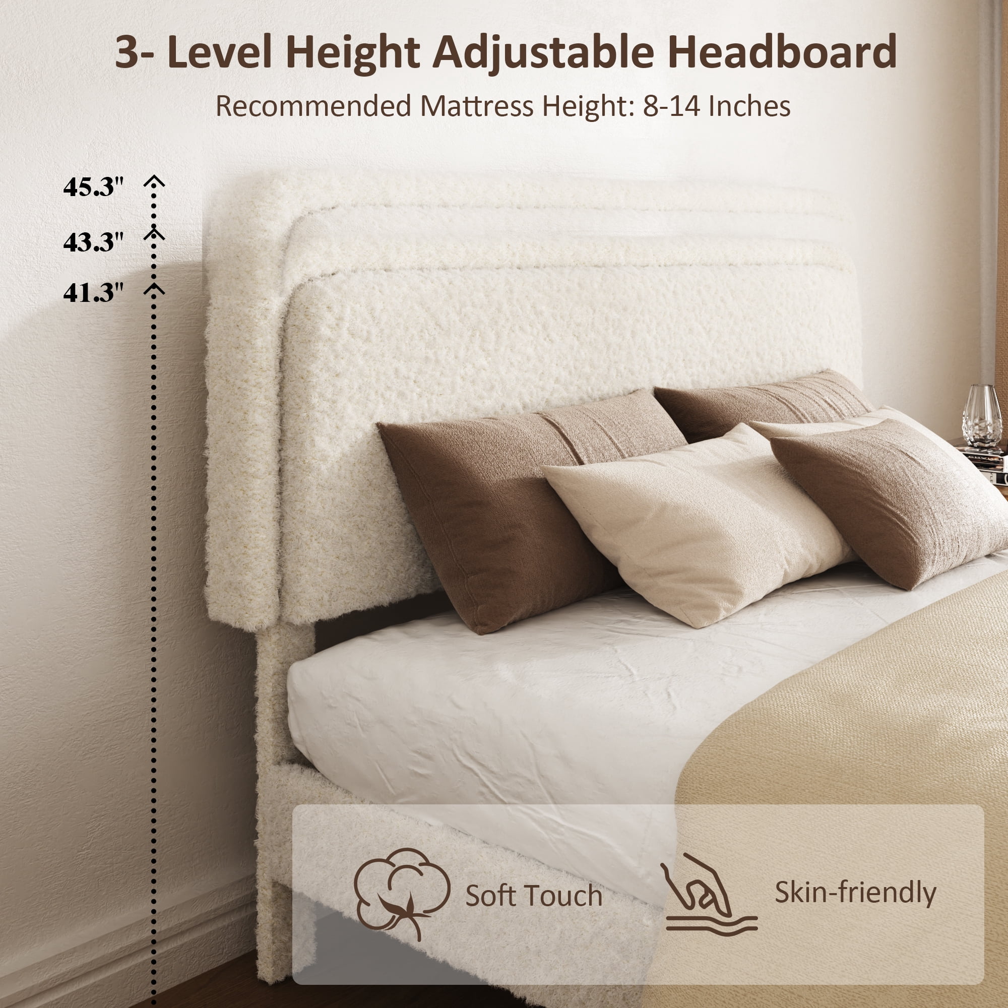 Leumius King Bed Frame,Upholstered Platform Bed Frame with Height-Adjustable Headboard,Sturdy Frame,Quiet Design,Easy to Assemble,Beige