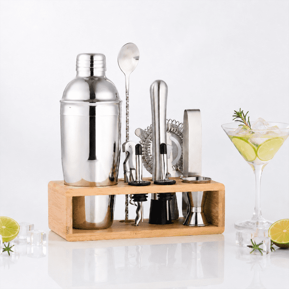 Coliware 10Pcs Bartender Kit with Bamboo Stand, 25OZ Stainless Steel Cocktail Shaker Set with Martini Shaker Strainer Jigger Muddler, Complete Bar Tools Accessories, Perfect Housewarming Gift