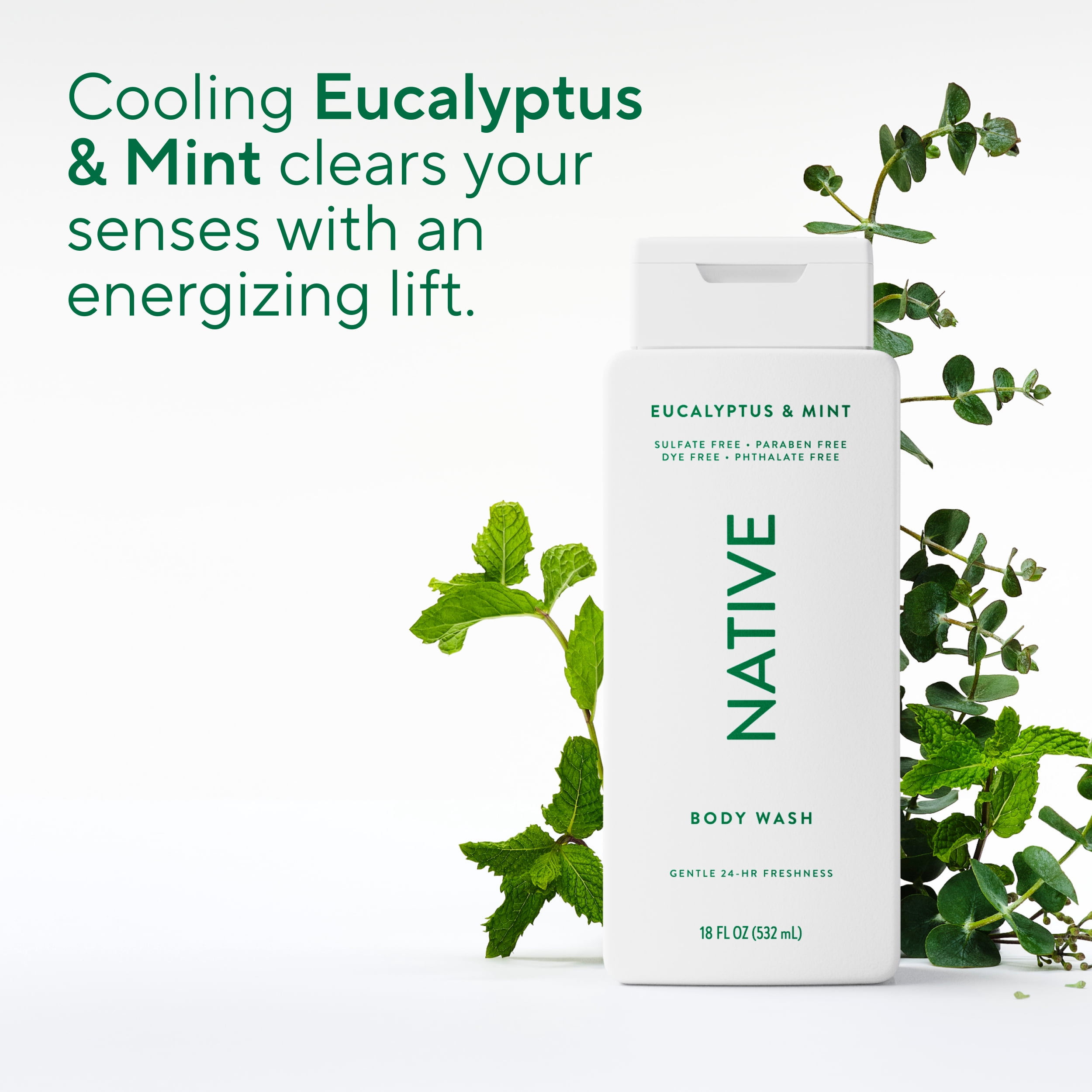 (6 pack) Native Body Wash for Women & Men, Sulfate Free, Eucalypts & Mint, 18 fl oz