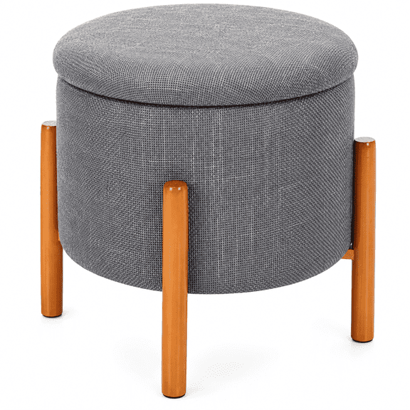 Aria Home 4-in-1 Round Linen Storage Ottoman with Reversible Wood Tray Top, Pine Legs, Hidden Storage, Footrest and Extra Seating, Grey