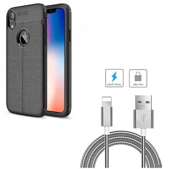 Metal USB Cable w Case for iPhone XR - 3ft Charger Cord Power Wire Sync, PU Leather Slim Fit Cover Reinforced Bumper Shock Absorbent Compatible With iPhone XR