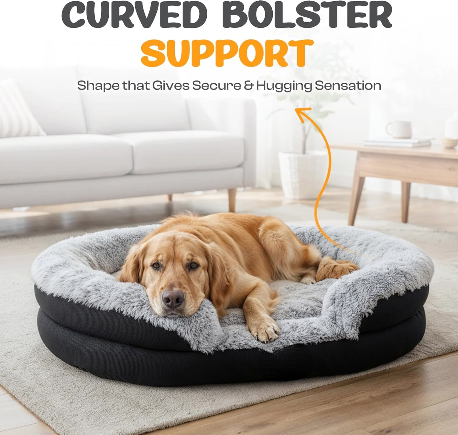 Fluffy Orthopedic Dog Bed Gray 43 Inch Cozy Oval Pet Donut Bed for Large Dogs