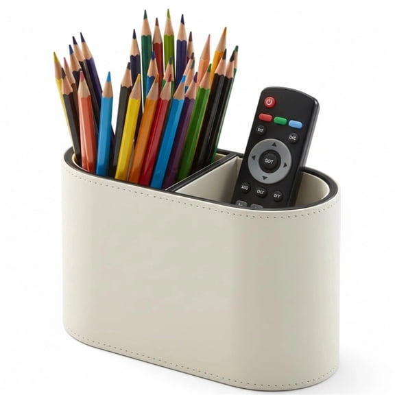Oval PU Leather Desk Organizer, 2-Compartment Pen & Remote Control Holder, Elegant Desktop Storage Box for Office Home Desk Accessories, 6.3 x 3.1 x 3.9"