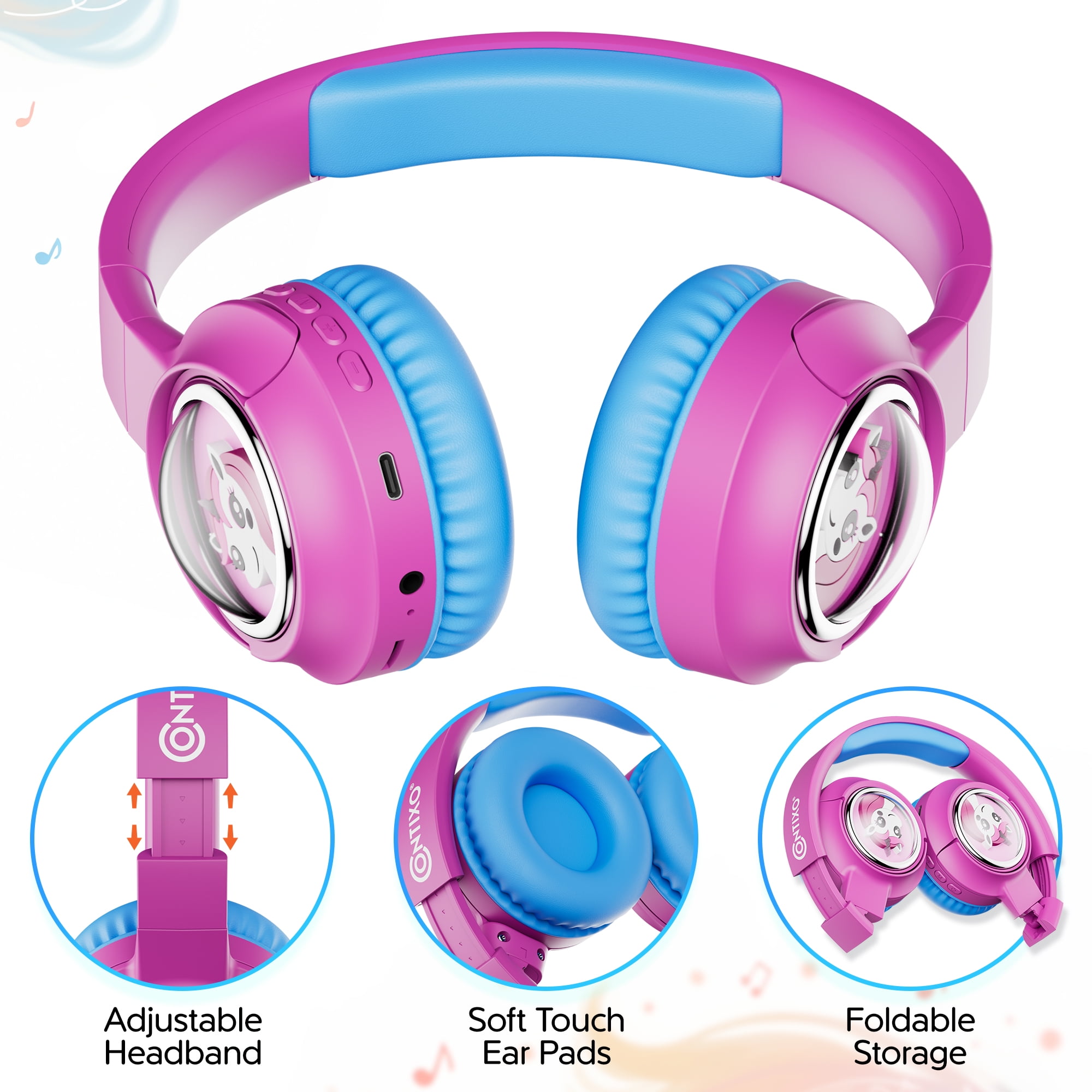 Contixo Foldable Kids Headphones with Microphone, Noise-Limiting Bluetooth Headphones, Pink