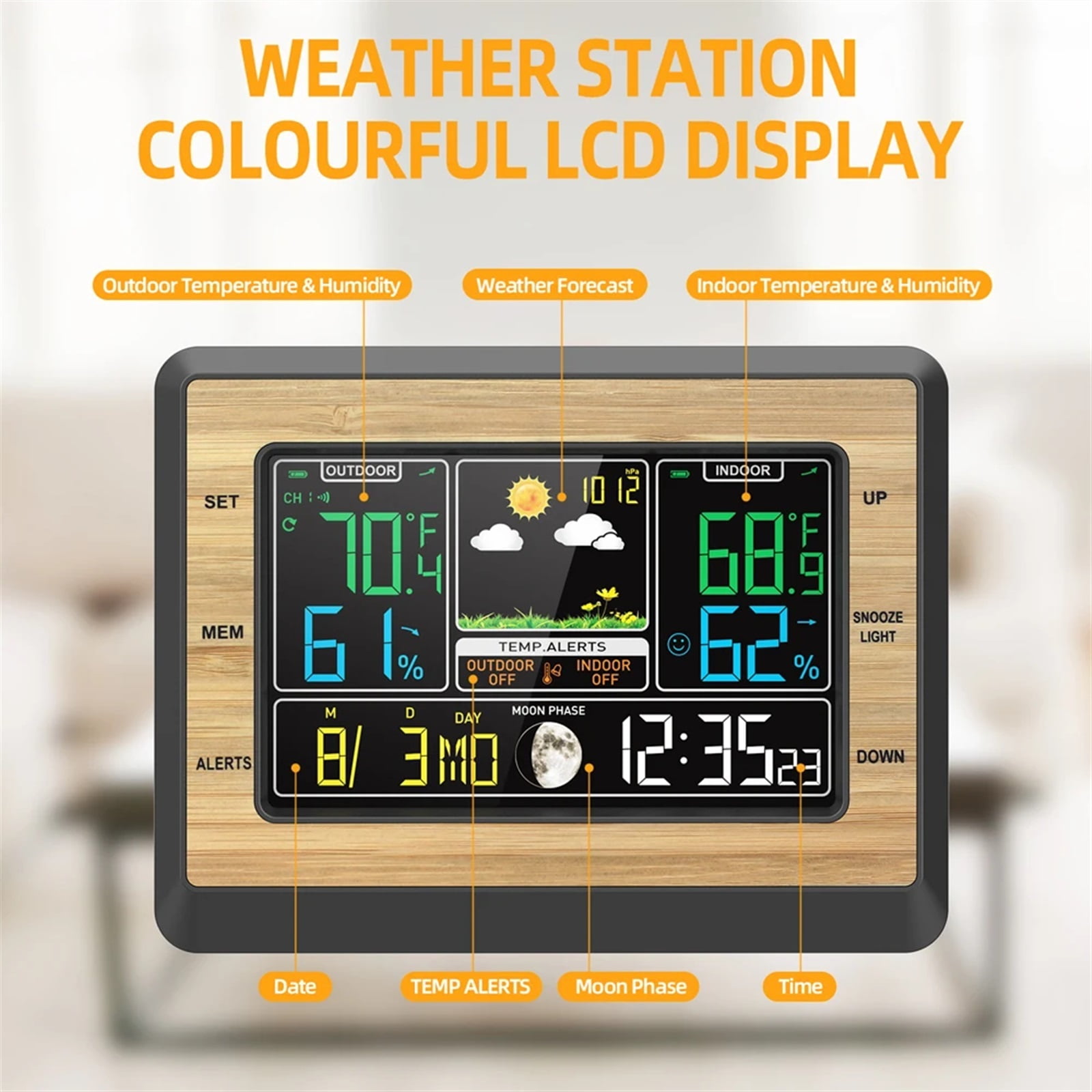 Smart Weather Station Temperature Humidity Meter Air Pressure Moon Phase Display Weather Forecast Alarm Clock Hygrothermograph ,Excellent Visual Experience
