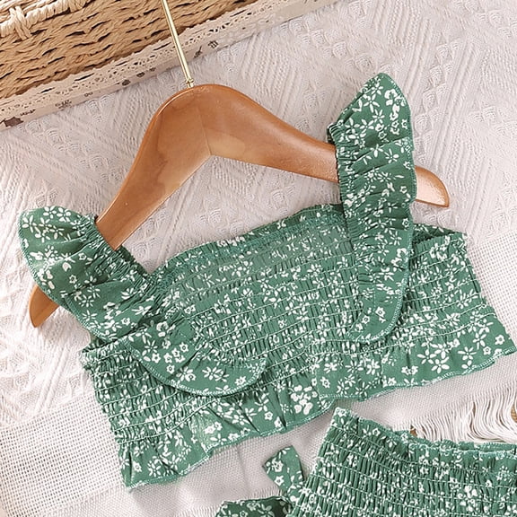 Vedolay Skorts Skirt For Girl Toddler Girls Rose - Dress Ruffle Shoulders Button Bowknot Tops Floral Print A-Line Skirt Summer Outfits Set,Green 3-4 Years