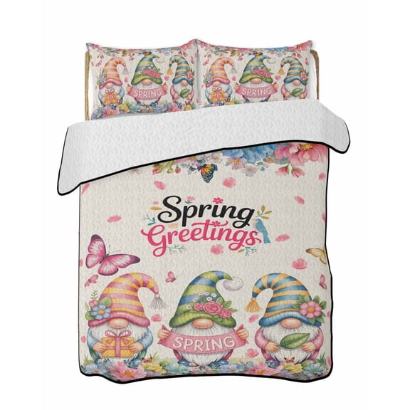 Twin Quilt Bedding Set, Spring Gnomes Reversible Summer Quilt 3 Pieces, Farmhhouse Floral Botanical Rustic Lightweight Bedspreads Coverlets with 2 Pillow Shams for All Seasons