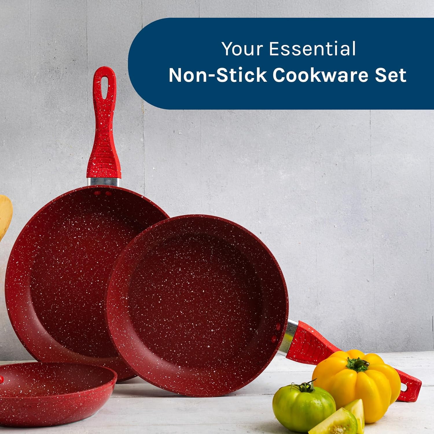 Picca Milan 3-Piece Large Cooking Pan Set - Easy Clean Marble Non Stick Frying Pan Set with Mineral Based Coating - No PFAS/PFOS/PFOA - Red - 7.8in, 9.4in, 11in