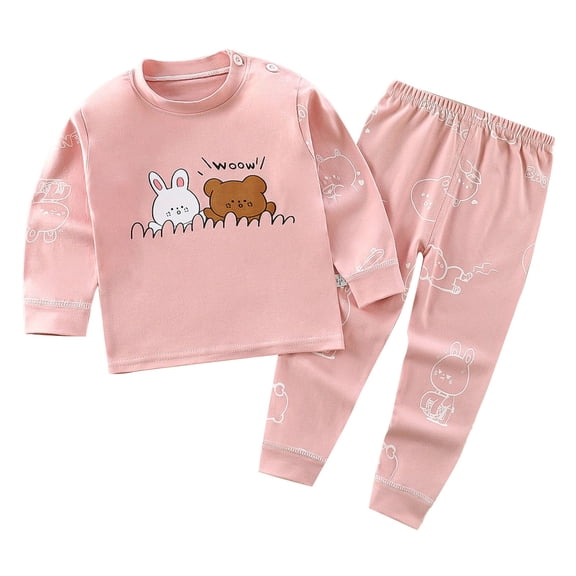 Bovxnpu Toddler Baby Girl Boy Summer Clothes Casual Sets,Toddler Baby Kids Boys Girls Solid Color Rabbit Bear Print Long Sleeved Home Wear Clothes Suit