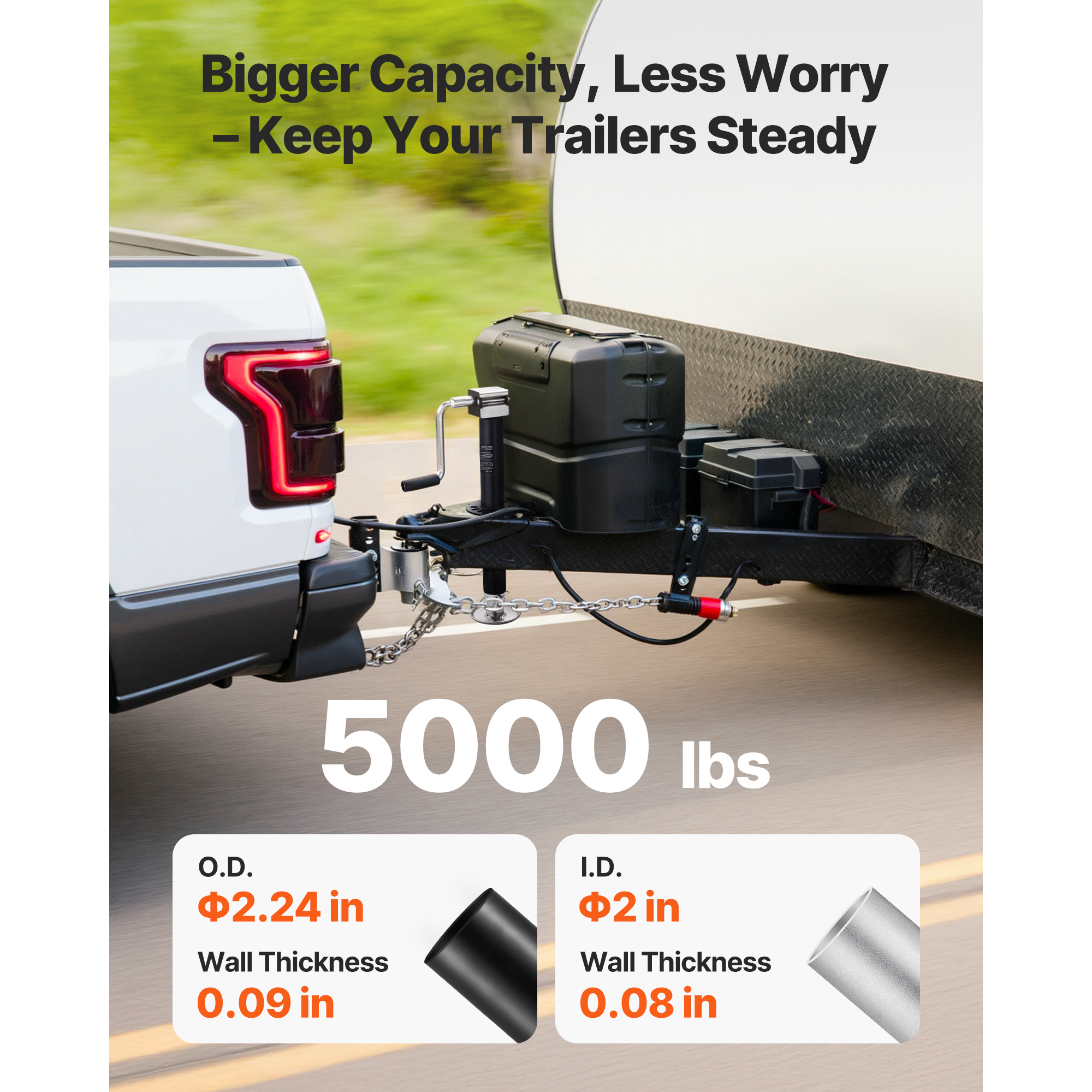 KFFKFF 5000 lbs A-Frame Trailer Jack, 15-Inch Vertical Travel, Adjustable 7-Level Drop Leg, Drill Socket Included, Compatible with Cordless Drills, Ideal for RVs, Utility, and Boat Trailers