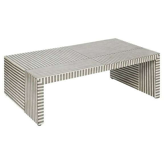 Modern Bone Inlay Coffee Table – Grey and Ivory Striped Pattern, Rectangular Box Shape