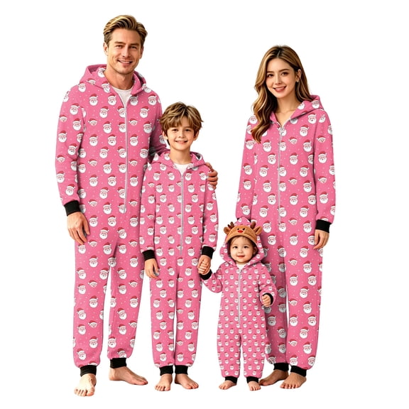 VKOYWKM Family Christmas Onesie Pajamas Matching Sets Hooded One Piece Pjs Long Sleeve Front Zipper Christmas Santa Print Holiday Jumpsuit