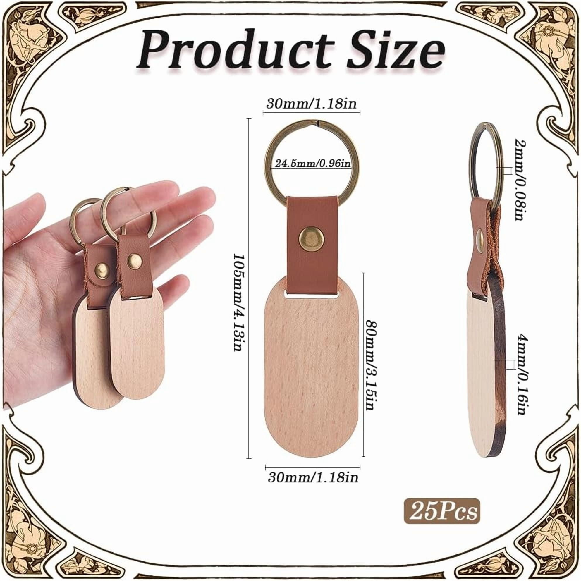 25Pcs Leather Wood Keychains Wood Blank Keychain Bulk Imitation Leather Strap Unfinished Wooden Oval Engraving Pendant Key Chains Tags DIY