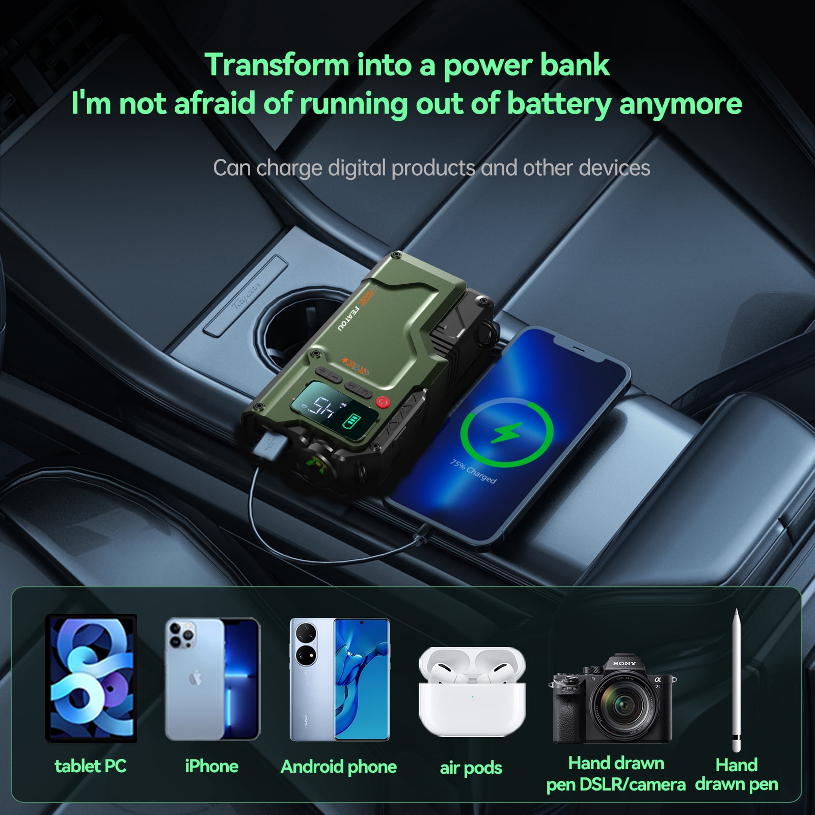 FEATOU Car Jump Starter with Air Compressor, 8000A Peak 12V Battery Jump Starter (for 8.5L Gas or 7.0L Diesel Engine),12V Auto Jump Box with LED Light, USB Quick Charge 3.0