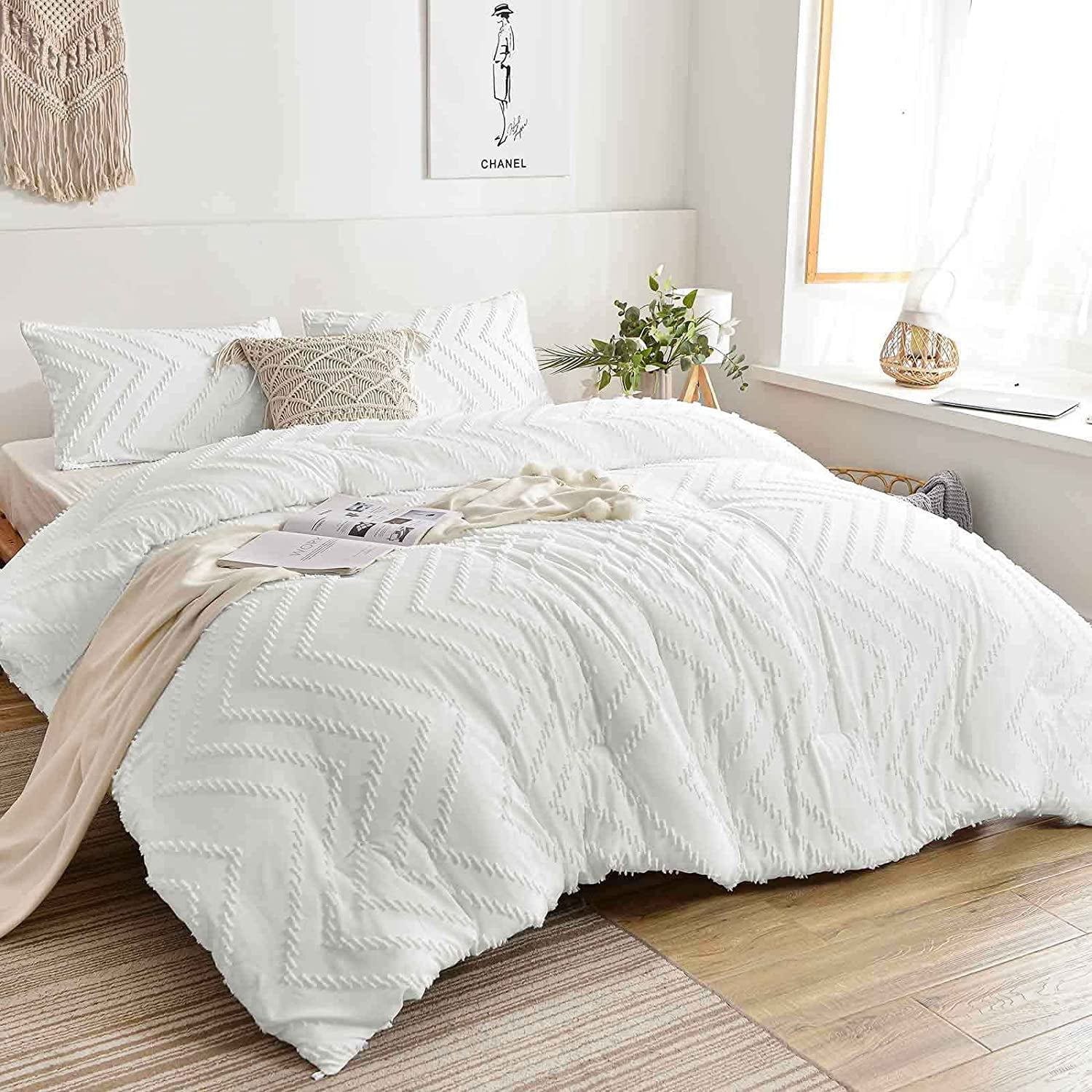 Seasonwood Queen Comforter Cover Set Microfiber Wave Bedding Duvet Cover 88'' x 90'' 3pcs White