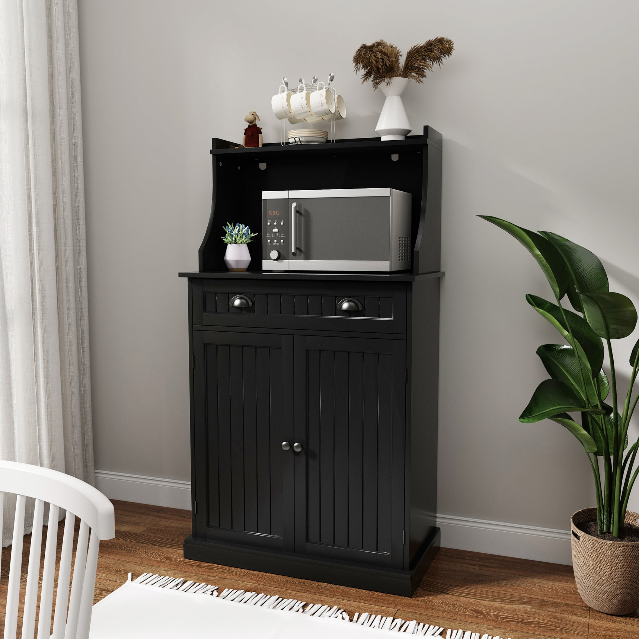 HLR 54" Kitchen Pantry Cabinet with Door & Shelves, Sideboard Buffet Cabinet with Microwave Stand for Dining Room, Black