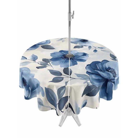 Outdoor Table Cloth with Umbrella Hole and Zipper, Blue Floral Waterproof Round Tablecloth 54 Inch, Watercolor Country Flower Pastoral Rose Washable Table Cover for Outside Party Patio Picnic